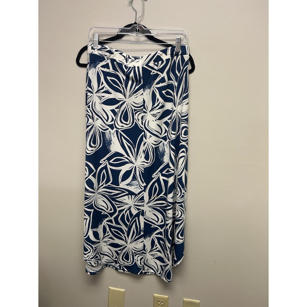 Chico's Linear Floral Pattern Midi Skirt - Colonial Coast Blue / White Size 1